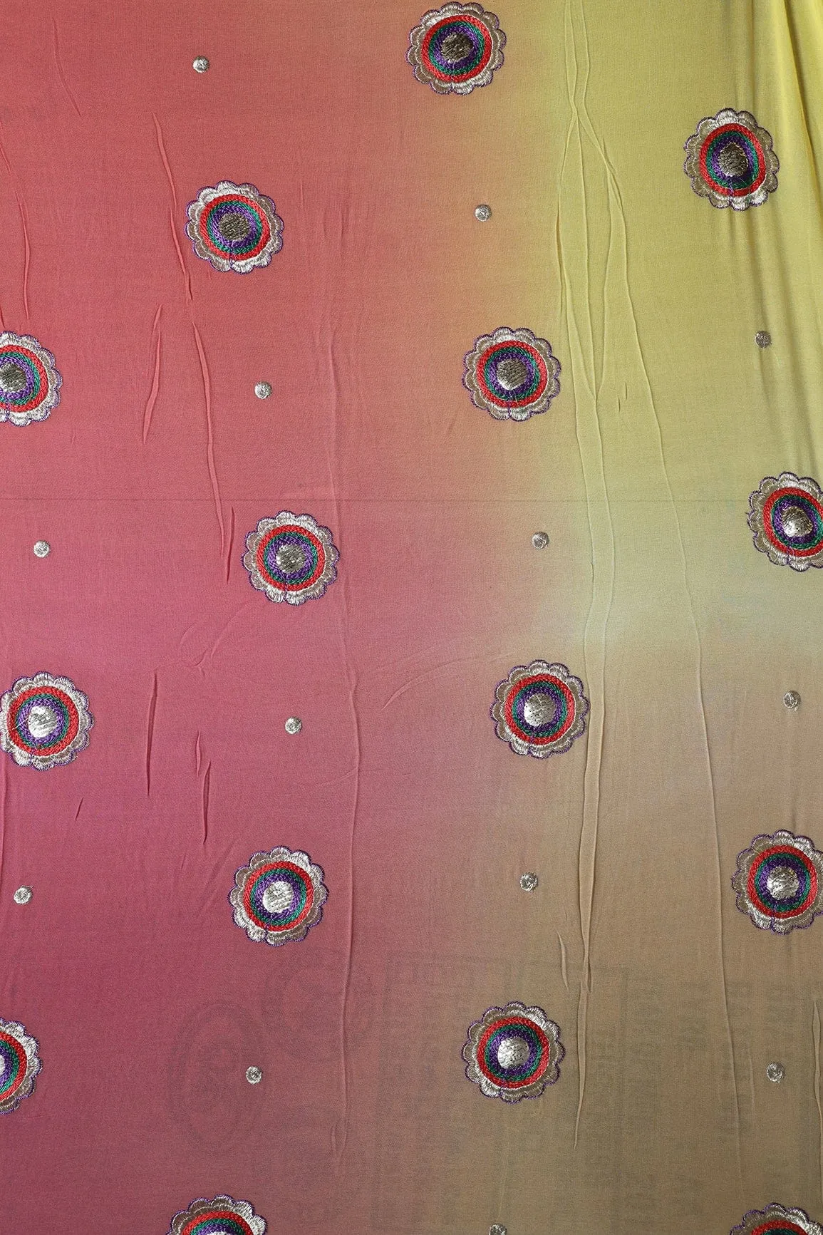 2.75 Meter Cut Piece Of Multi Thread With Gold Zari Floral Embroidery On Multi Color Viscose Georgette Fabric