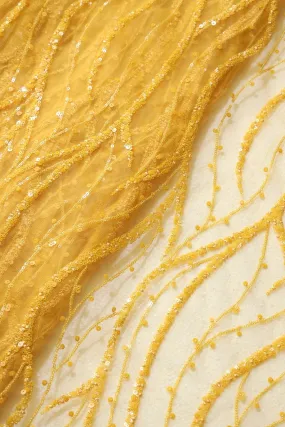 Beautiful Sequins With Yellow Thread Wavy Embroidery Work On Yellow Soft Net Fabric