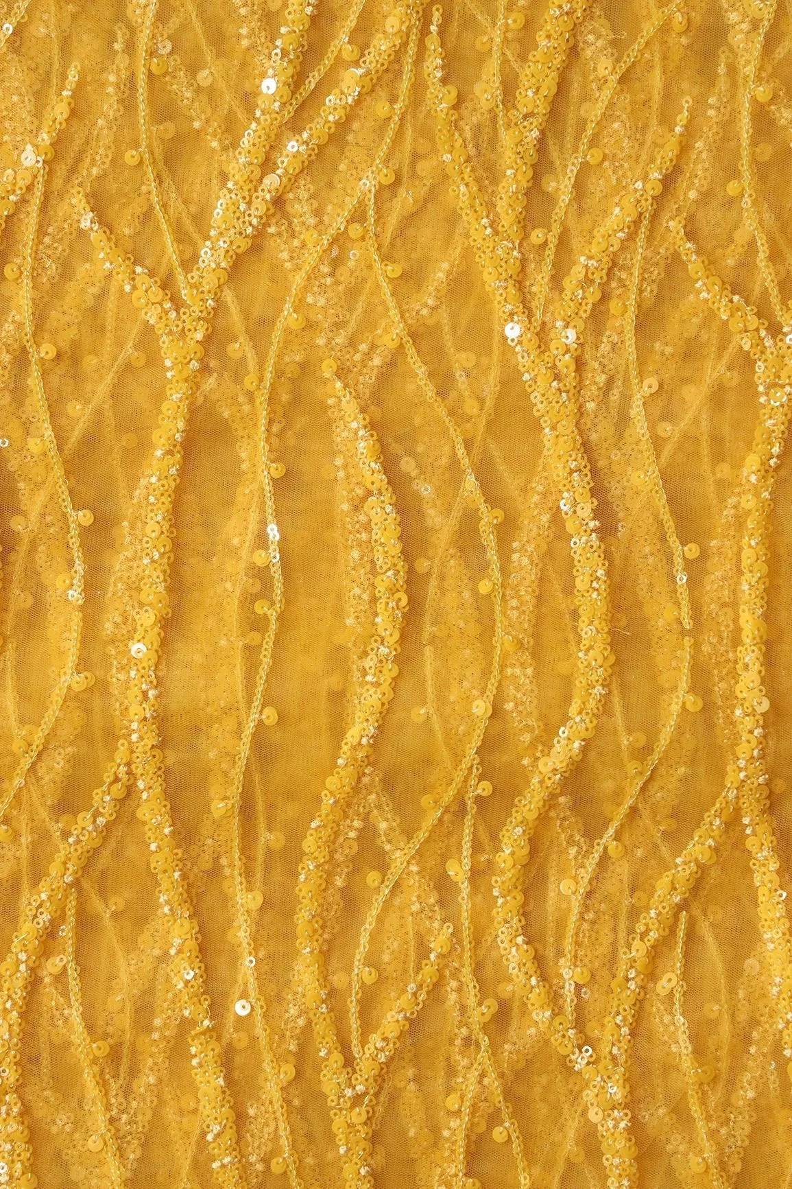 Beautiful Sequins With Yellow Thread Wavy Embroidery Work On Yellow Soft Net Fabric