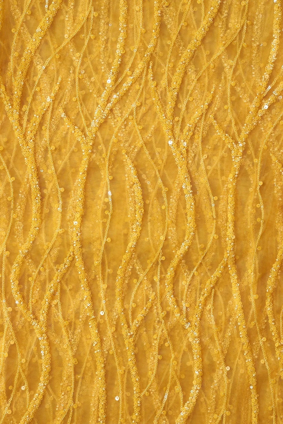 Beautiful Sequins With Yellow Thread Wavy Embroidery Work On Yellow Soft Net Fabric