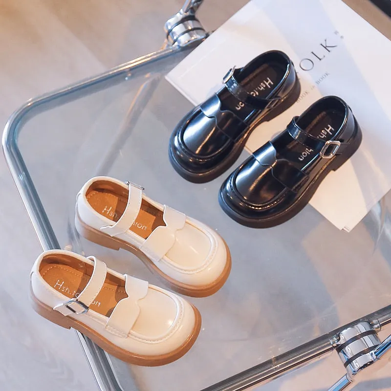 Children Mary Janes Platform Black Beige Plain Design Girls Leather Shoes Toddler School All-match Kids