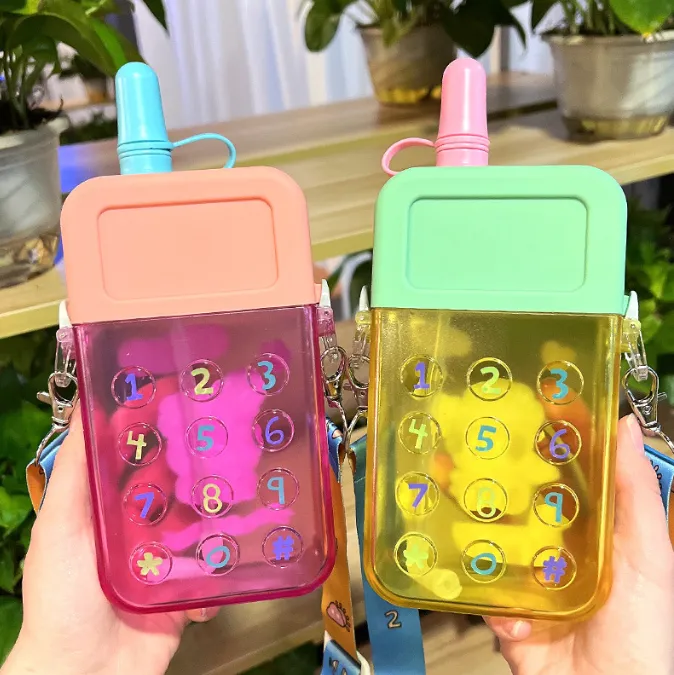 Cute Mobile Phone Water Bottle for Kids with Portable Strap
