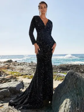 Elegant V Neck Long Sleeve Sequin Prom Dresses