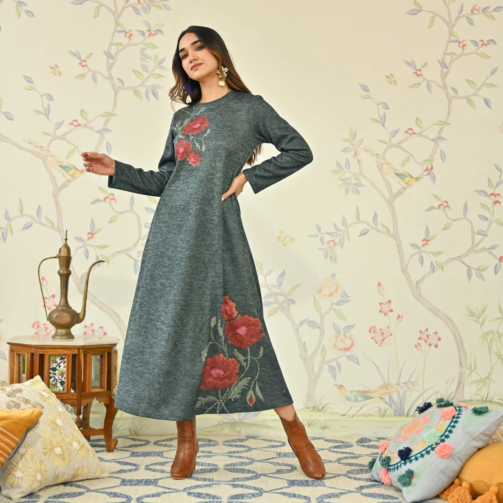 Emerald Green Floral A-line Woollen Dress