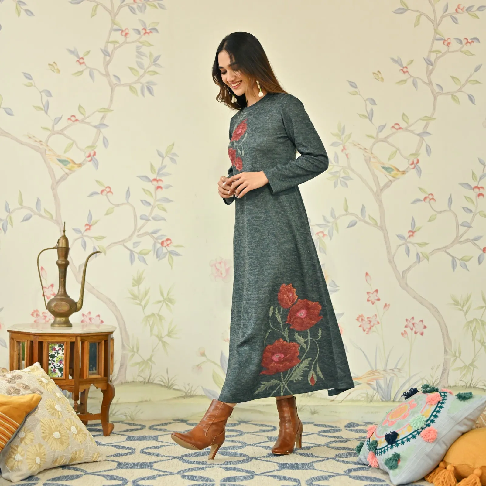 Emerald Green Floral A-line Woollen Dress