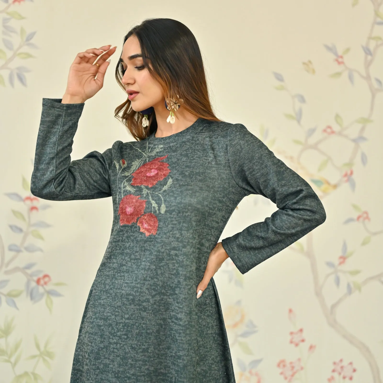 Emerald Green Floral A-line Woollen Dress