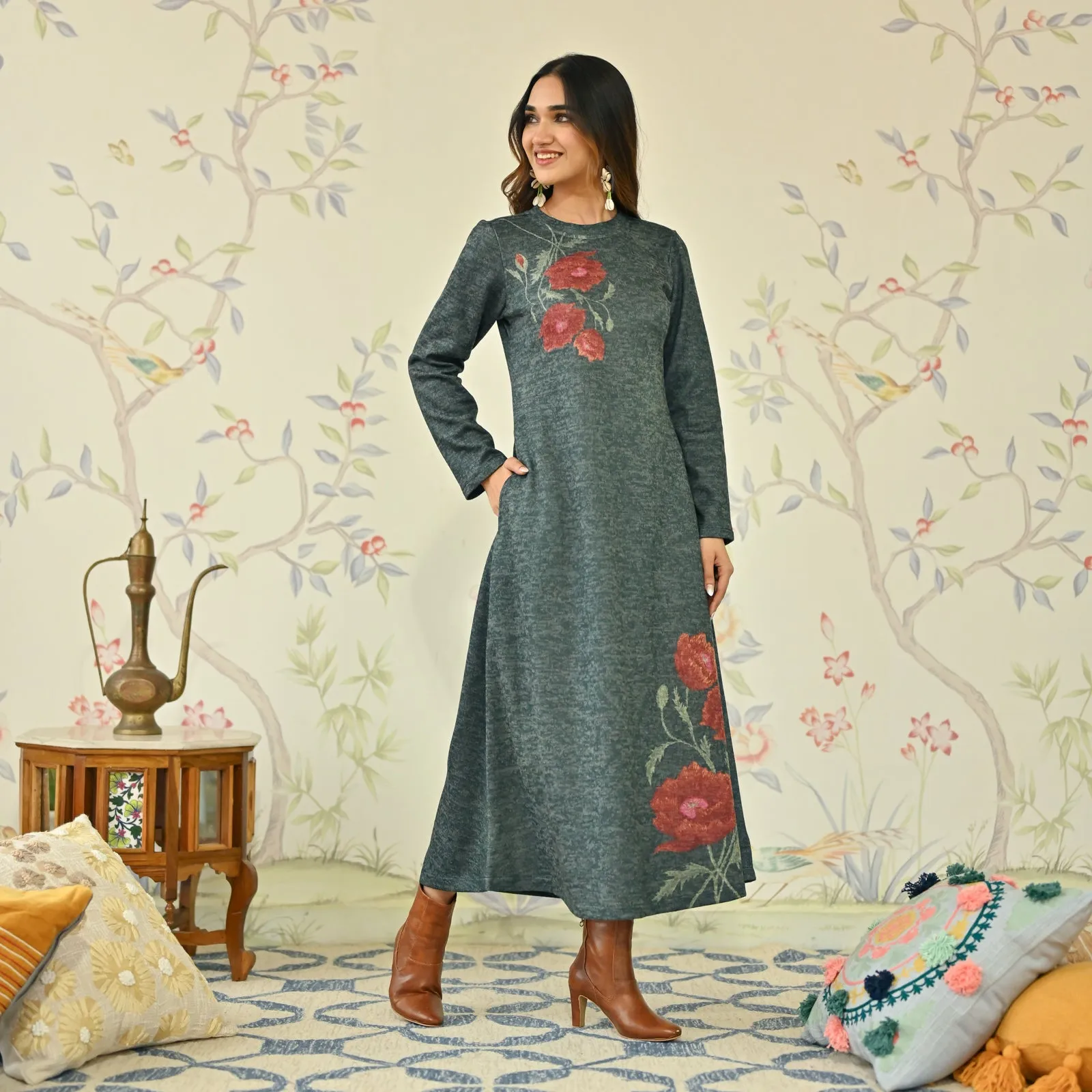 Emerald Green Floral A-line Woollen Dress