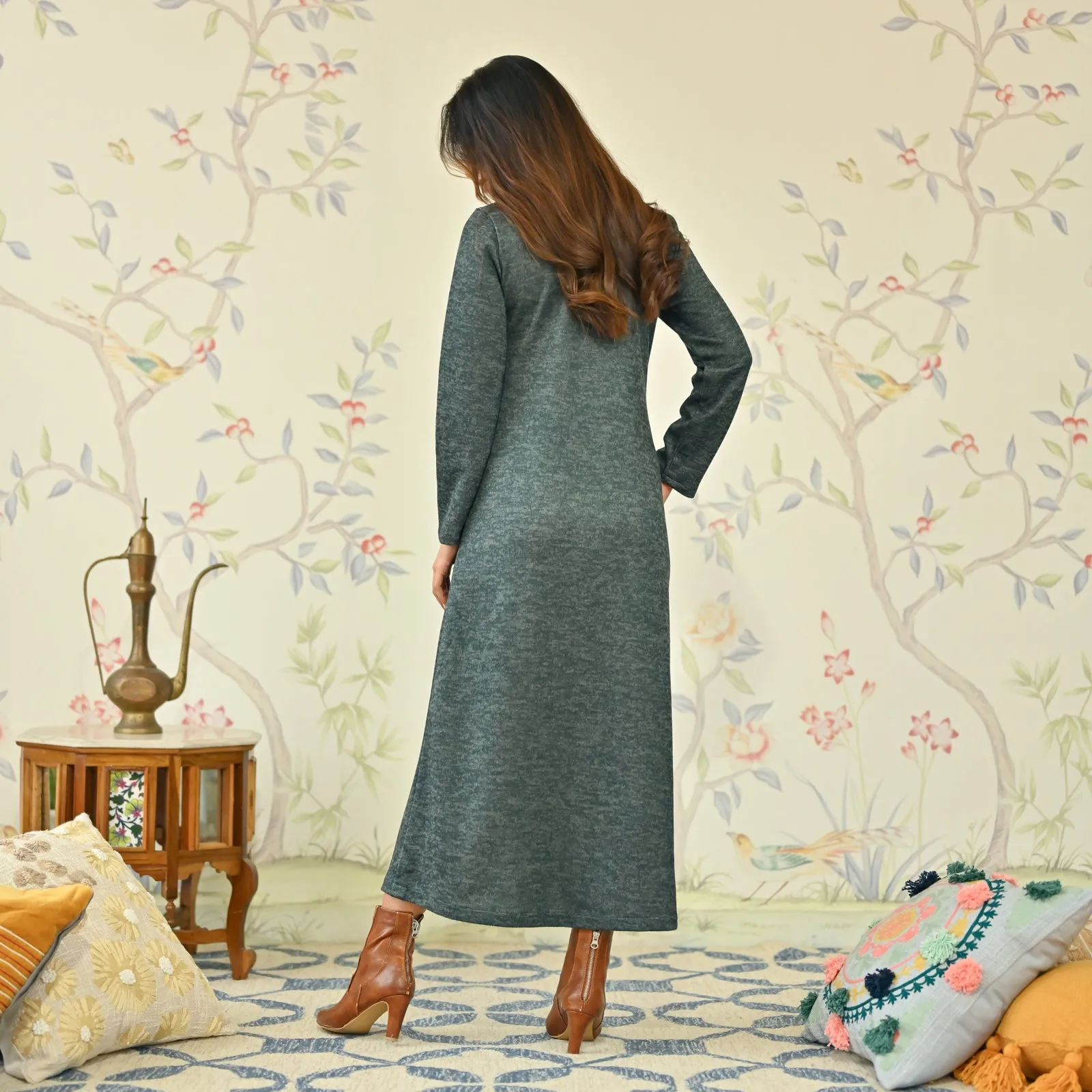 Emerald Green Floral A-line Woollen Dress