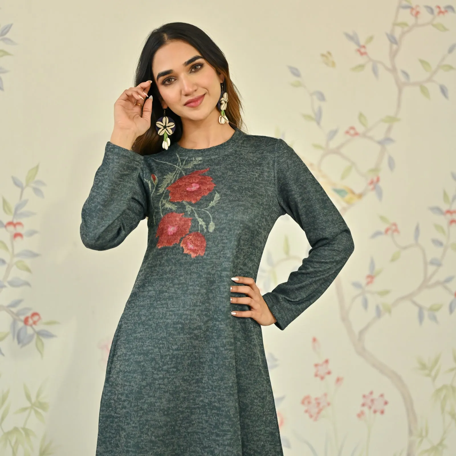 Emerald Green Floral A-line Woollen Dress