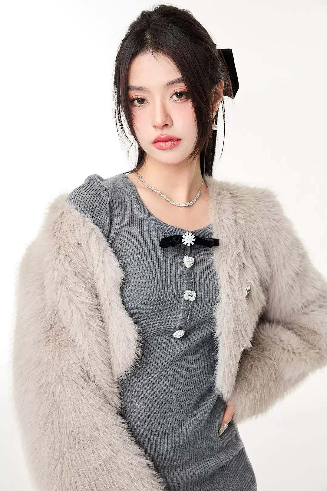 Faux Fur Cropped Jacket with Jewel Buttons