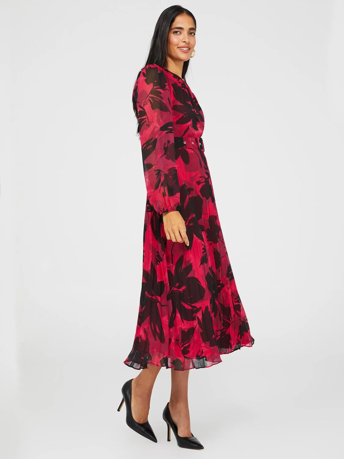 Floral Print Round Neck Midi Dress With Pleated Skirt