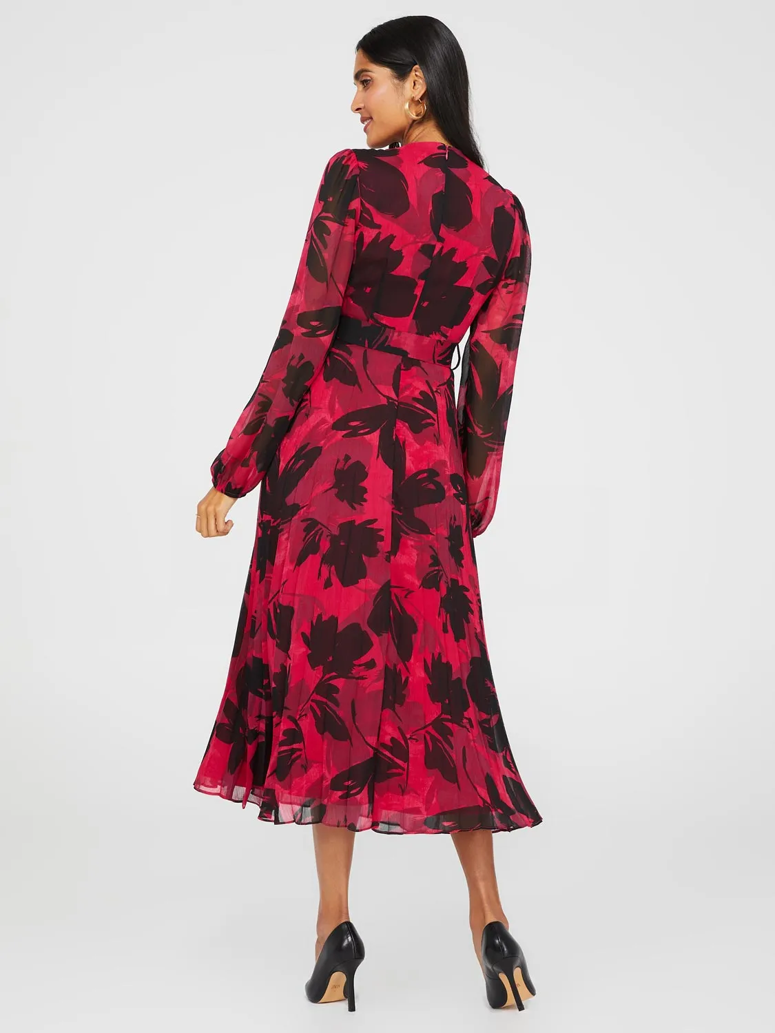Floral Print Round Neck Midi Dress With Pleated Skirt