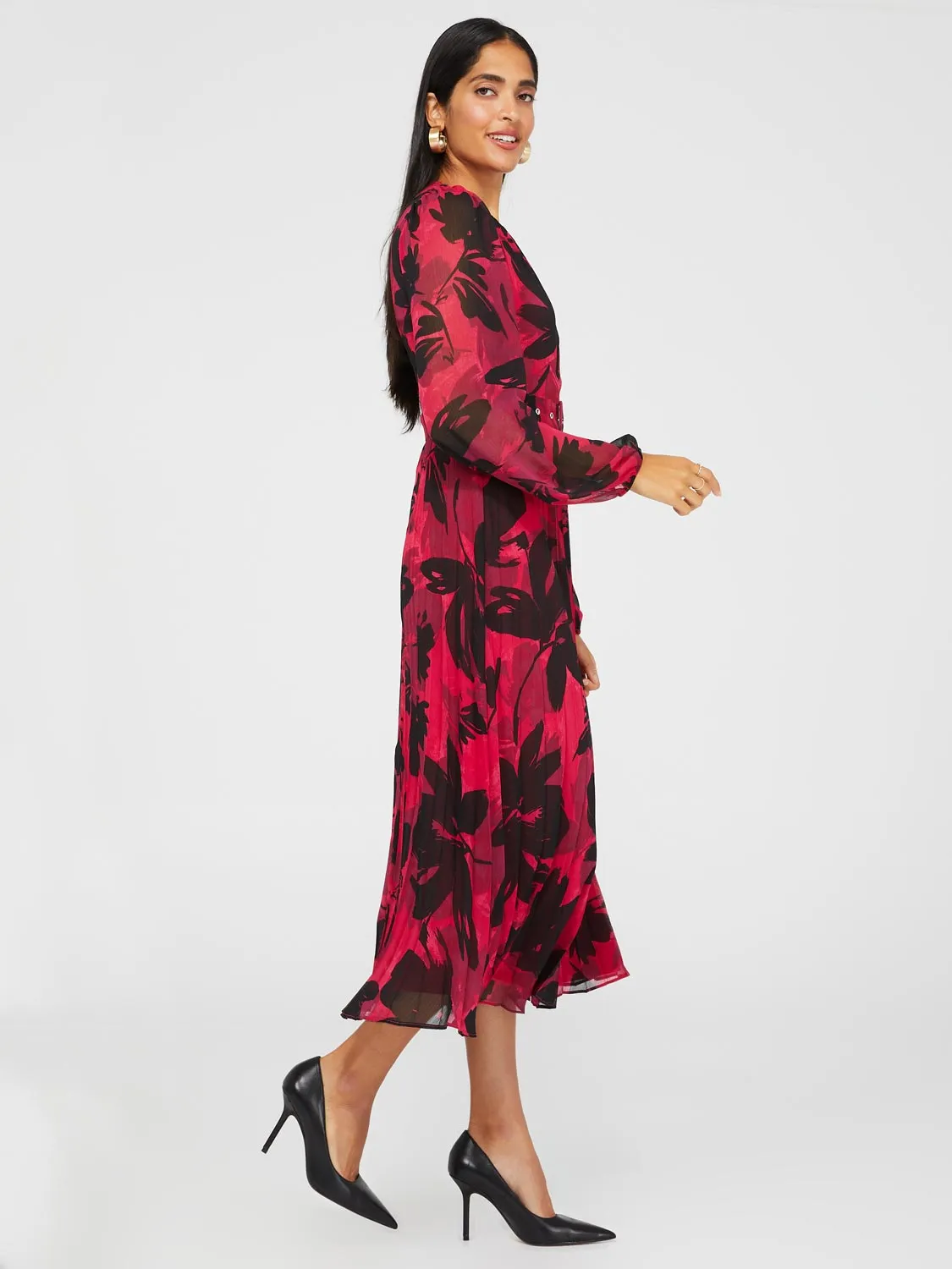 Floral Print Round Neck Midi Dress With Pleated Skirt