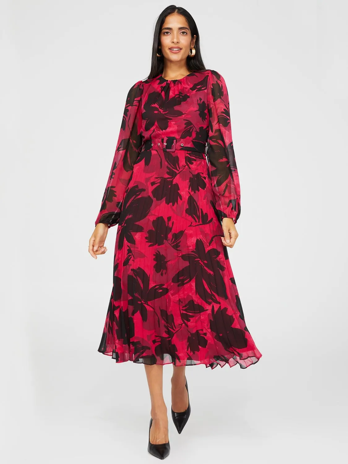 Floral Print Round Neck Midi Dress With Pleated Skirt