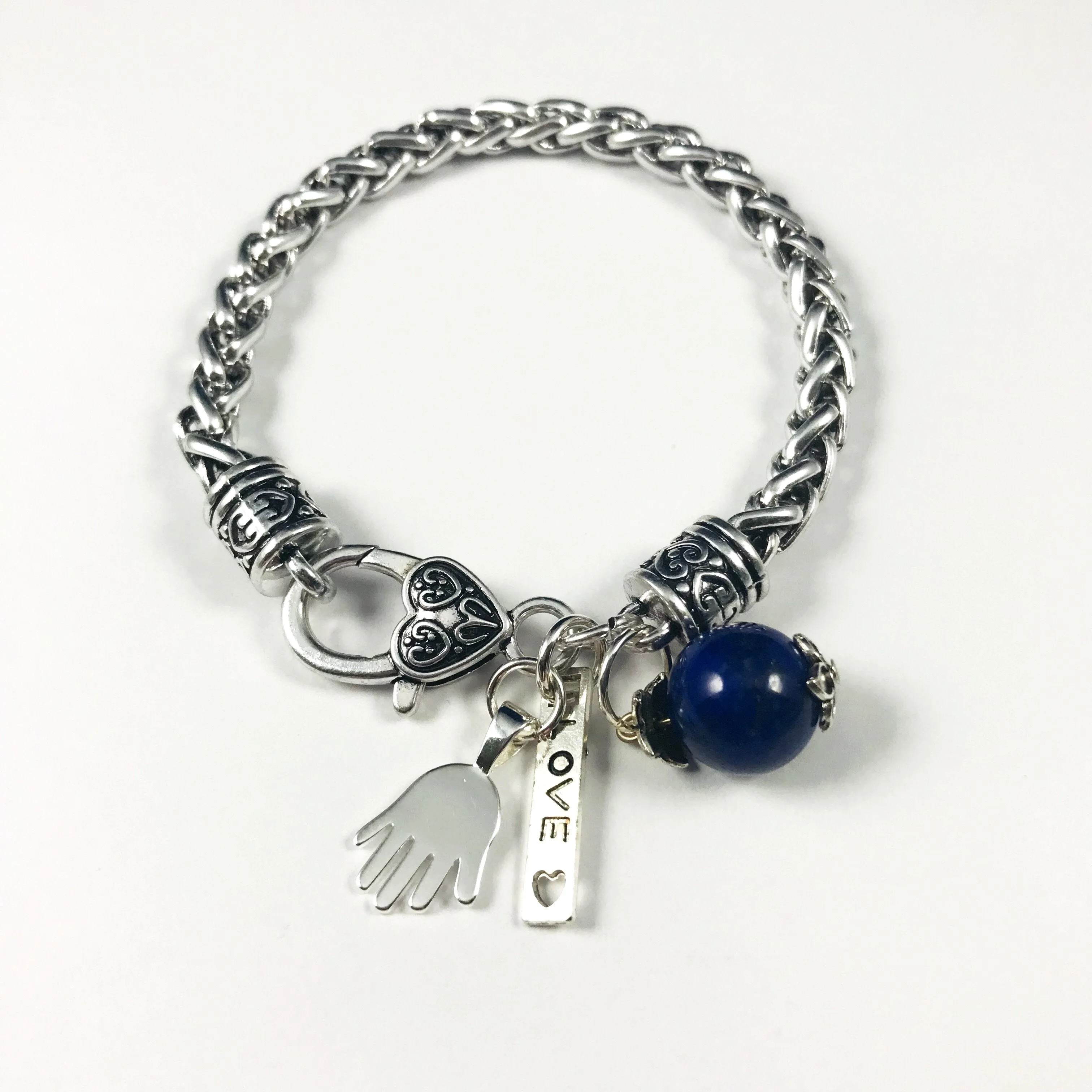 Hand shaped Chain bracelet/sterling hand w/bead/Hand therapy jewelry