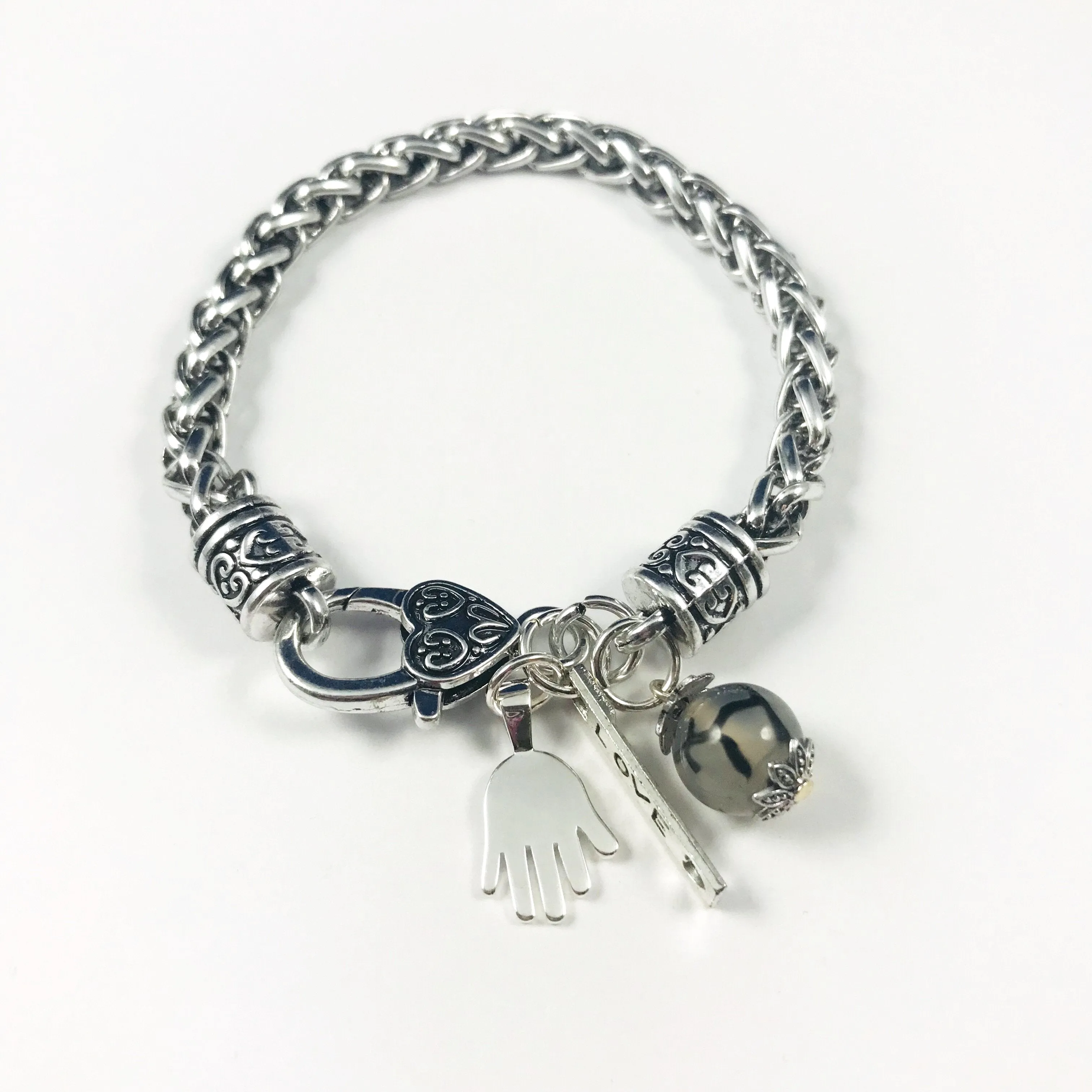 Hand shaped Chain bracelet/sterling hand w/bead/Hand therapy jewelry