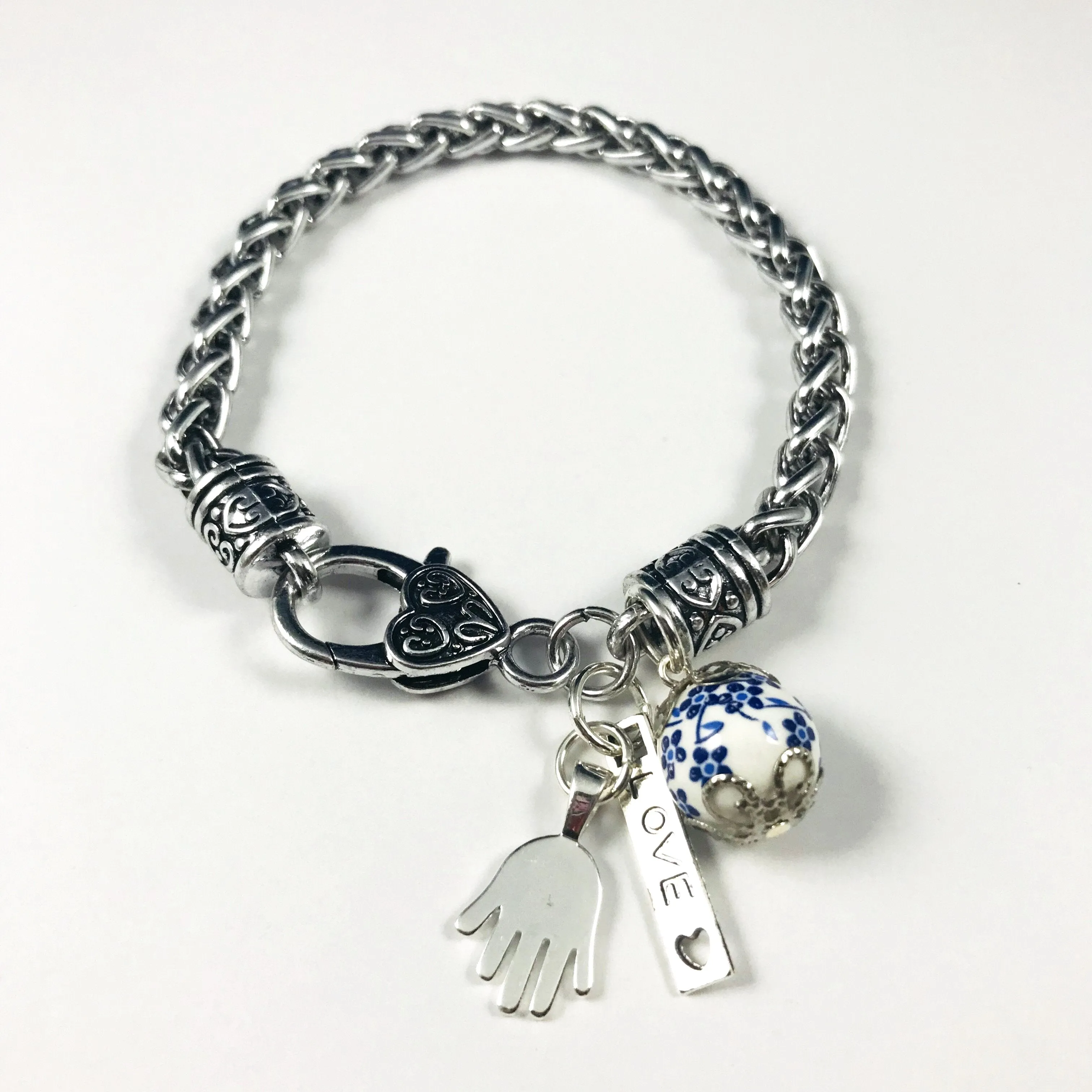 Hand shaped Chain bracelet/sterling hand w/bead/Hand therapy jewelry