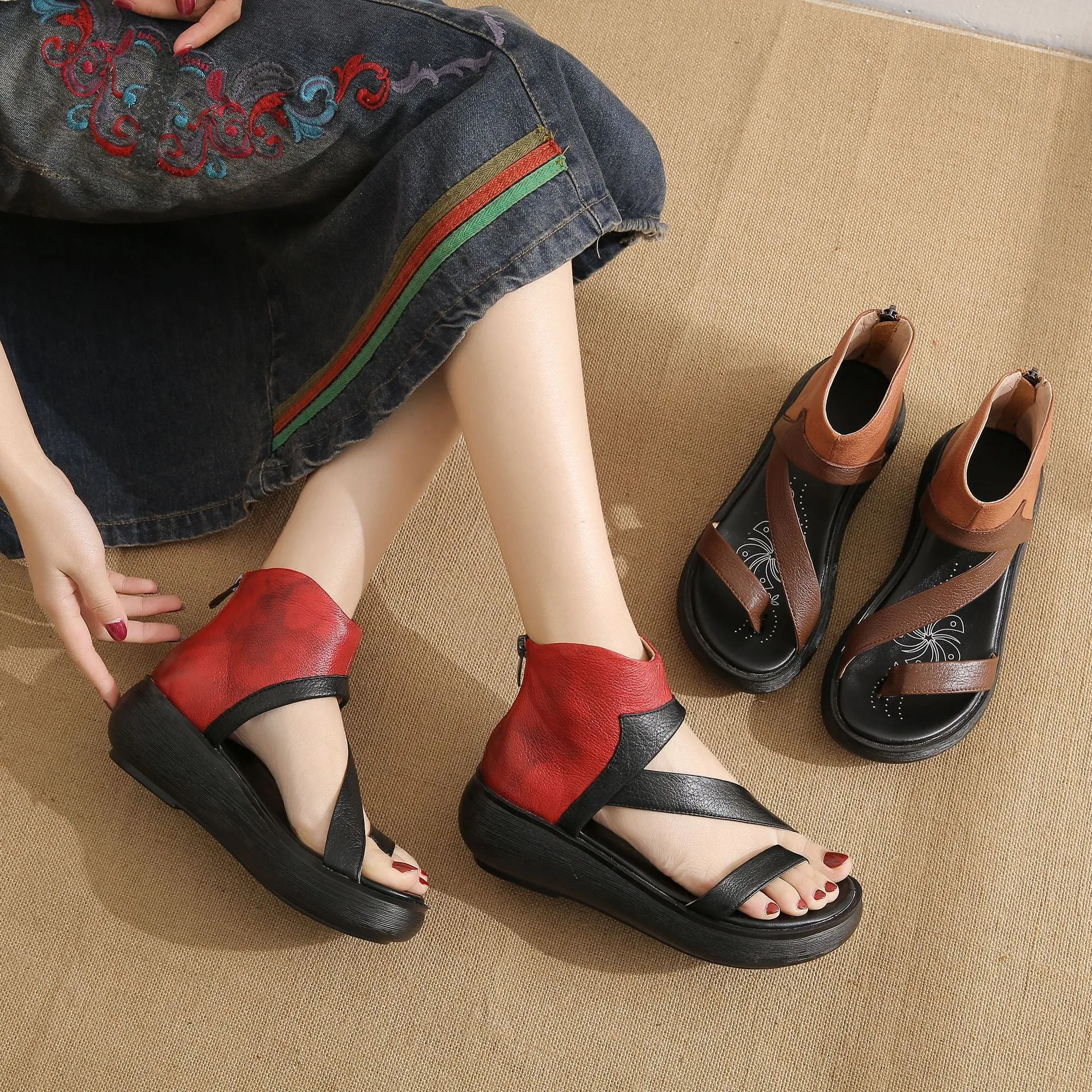 Handmade Color-Matching Wedge Strap Sandals