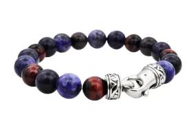 Mens Genuine 10mm Sodalite And Red Tiger Eye Stainless Steel Beaded Bracelet