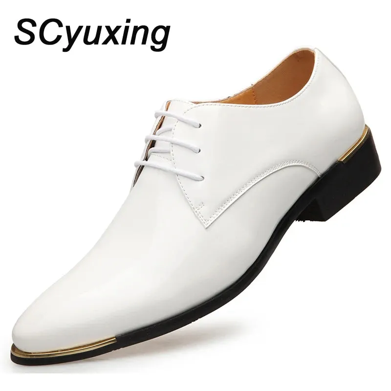 Men's Wedding White Shoes Rubber Sole Dress Lether Flats Patent Leather Shoes