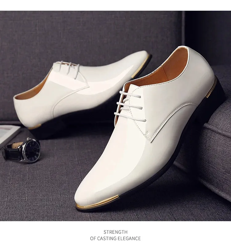 Men's Wedding White Shoes Rubber Sole Dress Lether Flats Patent Leather Shoes