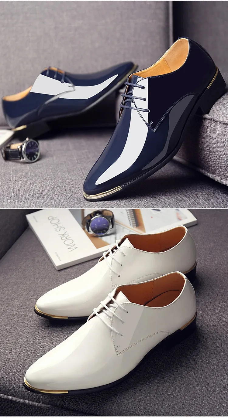 Men's Wedding White Shoes Rubber Sole Dress Lether Flats Patent Leather Shoes