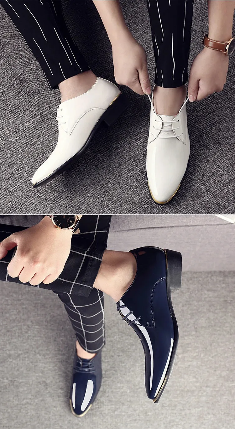 Men's Wedding White Shoes Rubber Sole Dress Lether Flats Patent Leather Shoes