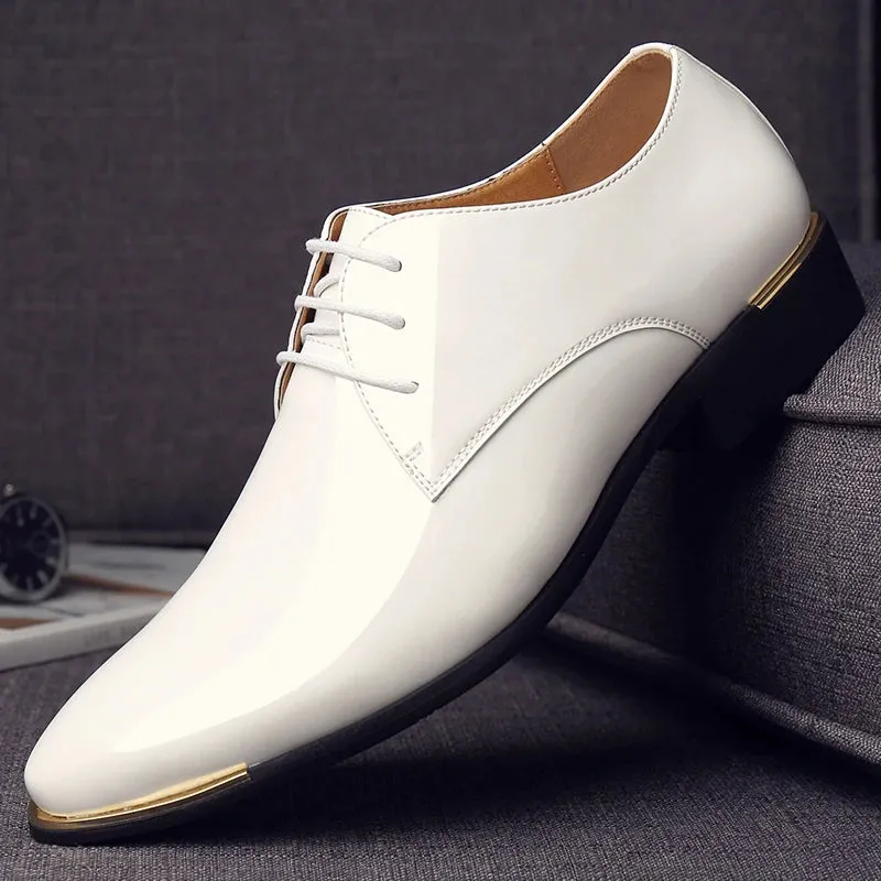 Men's Wedding White Shoes Rubber Sole Dress Lether Flats Patent Leather Shoes