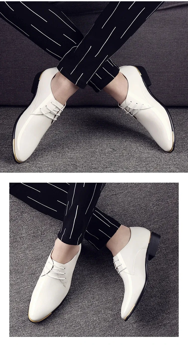 Men's Wedding White Shoes Rubber Sole Dress Lether Flats Patent Leather Shoes