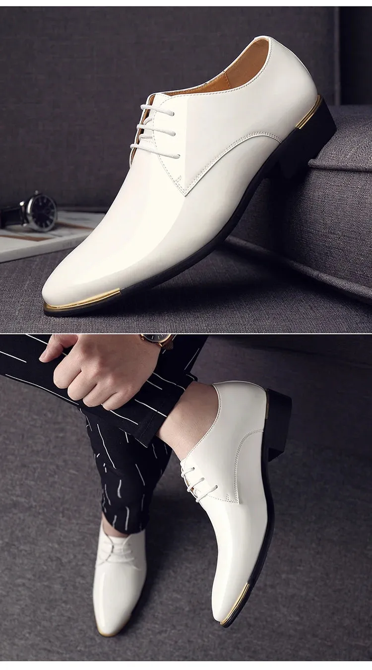 Men's Wedding White Shoes Rubber Sole Dress Lether Flats Patent Leather Shoes
