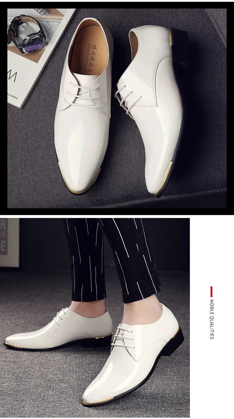 Men's Wedding White Shoes Rubber Sole Dress Lether Flats Patent Leather Shoes
