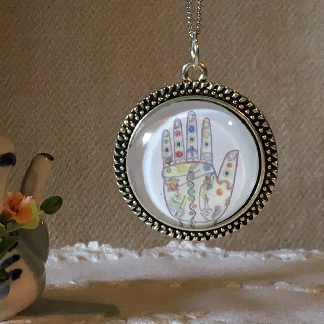 Necklace Glass dome/hand therapy jewelry/ Palmistry hand