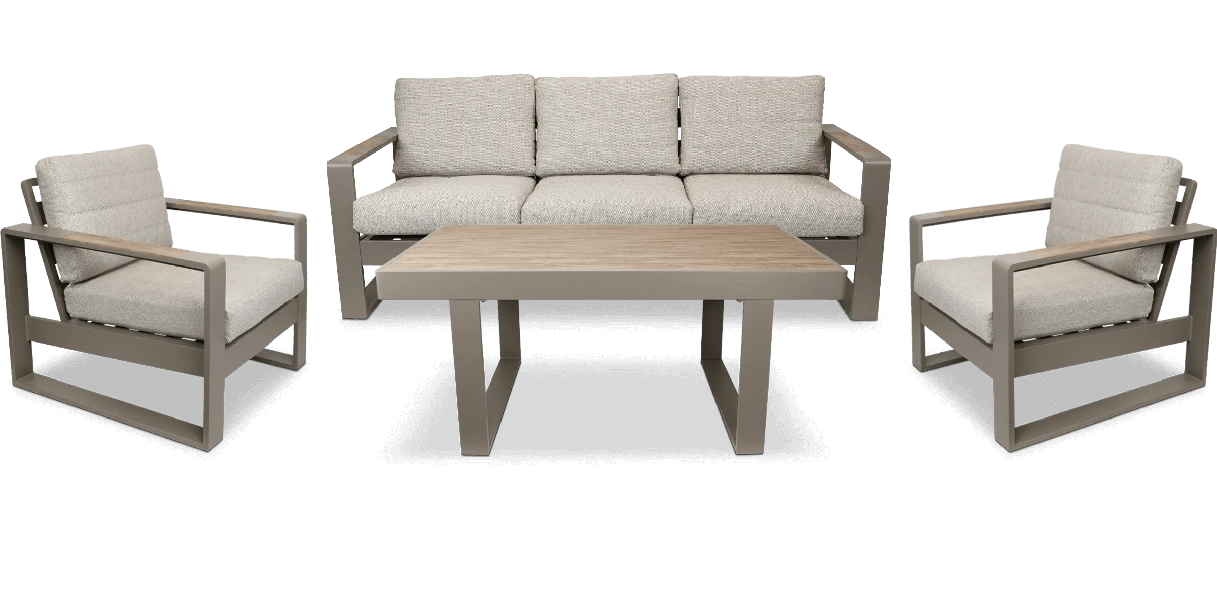 Positano 4 piece lounge in Taupe with Polywood Inset with Latte Check Spun Polyester Cushions