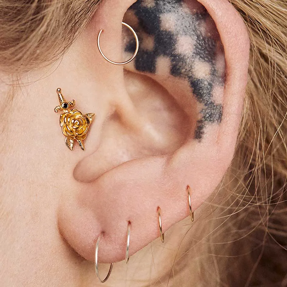 RHAPSODY. Dagger Through Rose Stud Earring - Silver