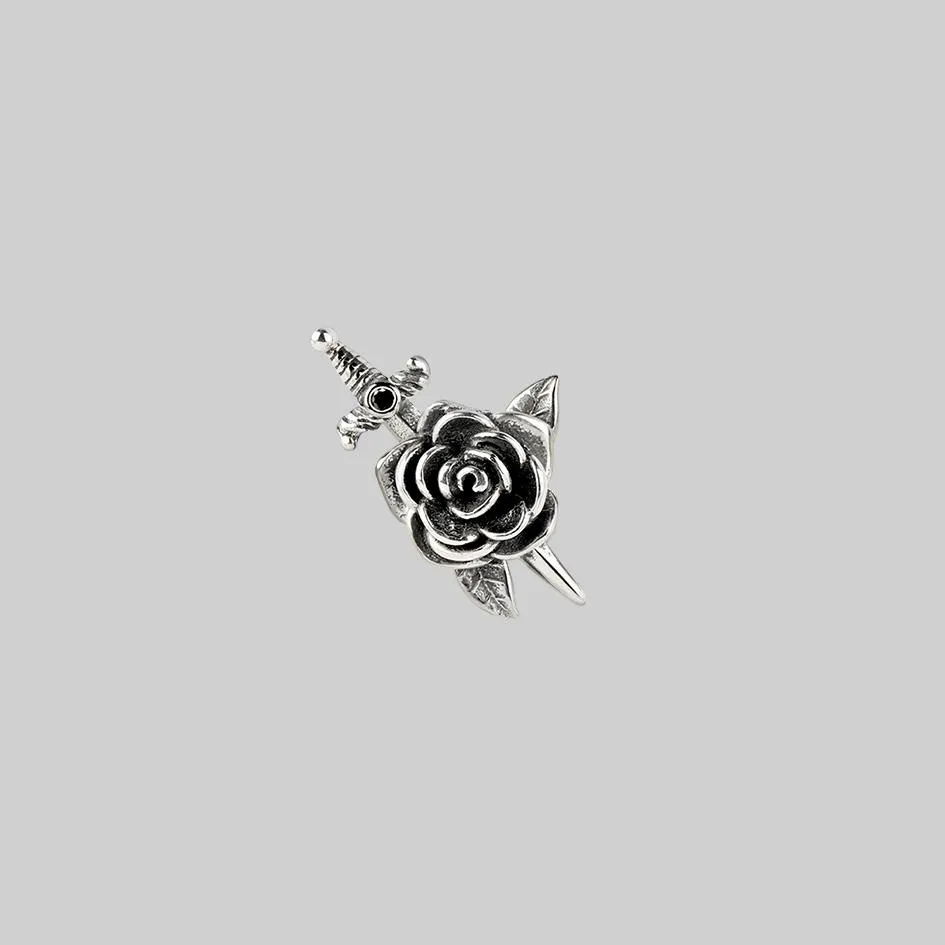 RHAPSODY. Dagger Through Rose Stud Earring - Silver