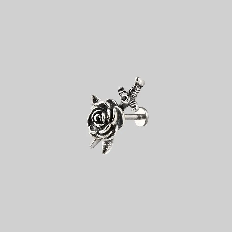 RHAPSODY. Dagger Through Rose Stud Earring - Silver
