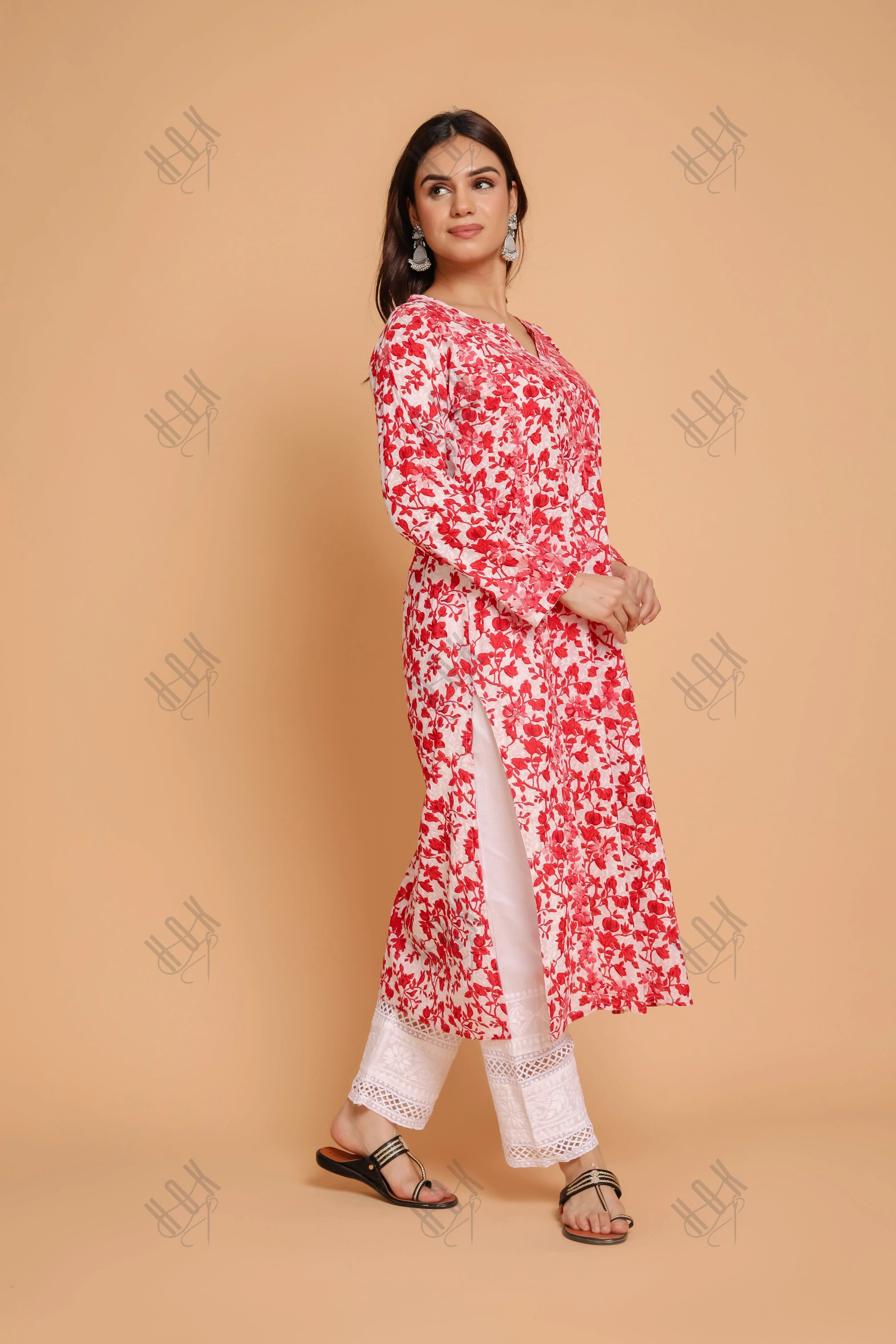 Saba Chikankari Kurta in Mul cotton in Red Print