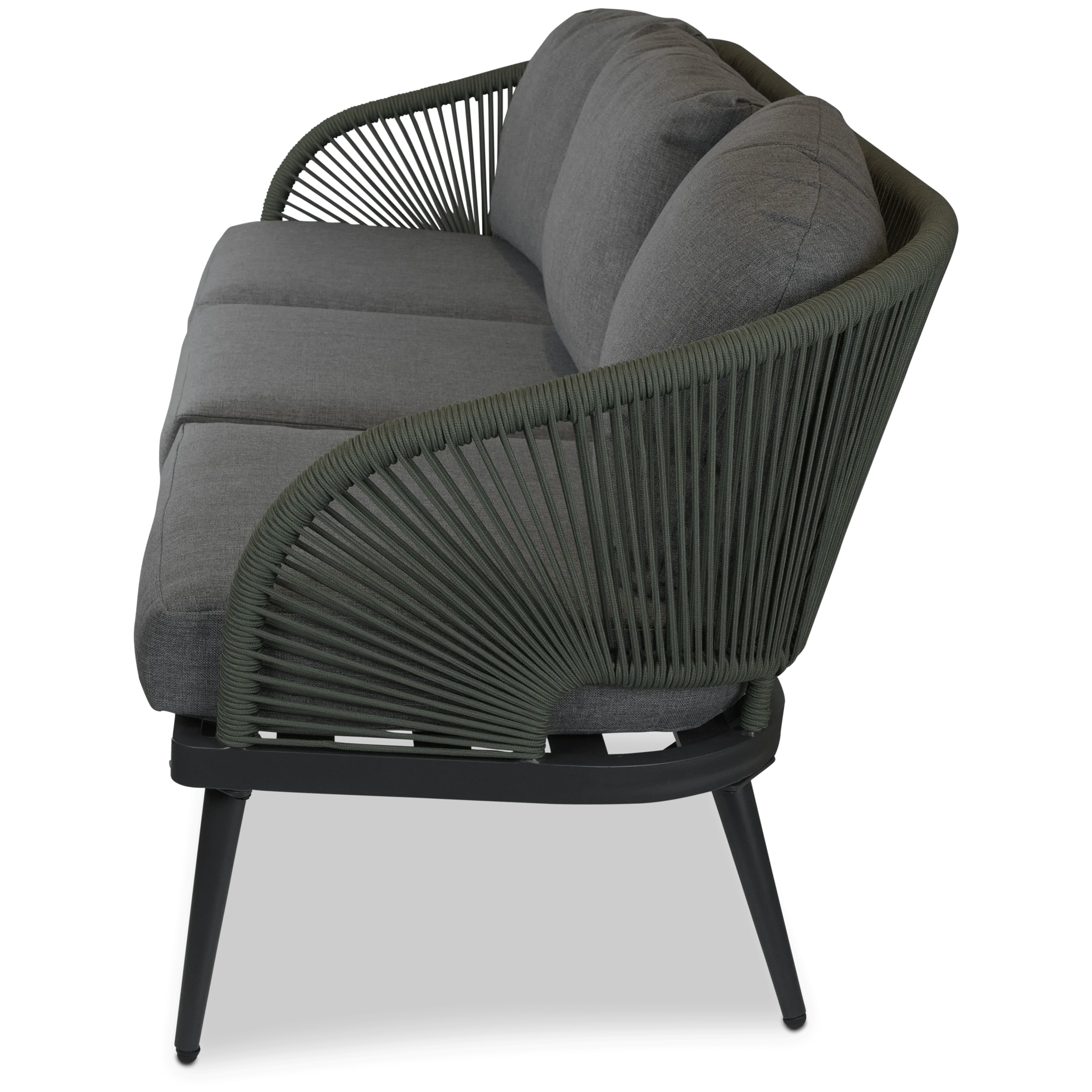 Santa Monica 3 Seater, 2 x Armchair and Coffee Table with Soft Ash Olefin Cushions, Bonsai Olefin Rope and Gunmetal Aluminium Frame