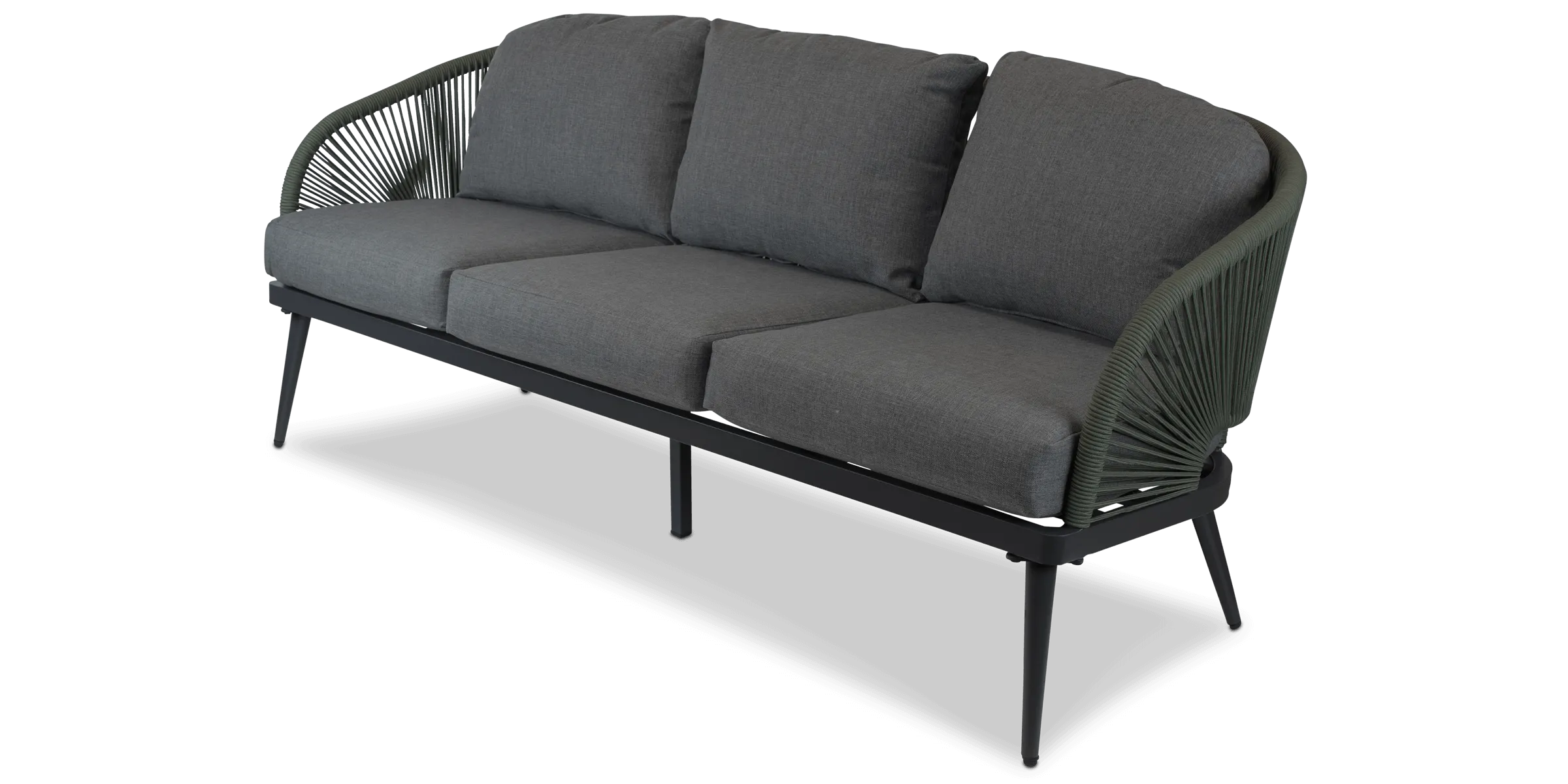 Santa Monica 3 Seater, 2 x Armchair and Coffee Table with Soft Ash Olefin Cushions, Bonsai Olefin Rope and Gunmetal Aluminium Frame