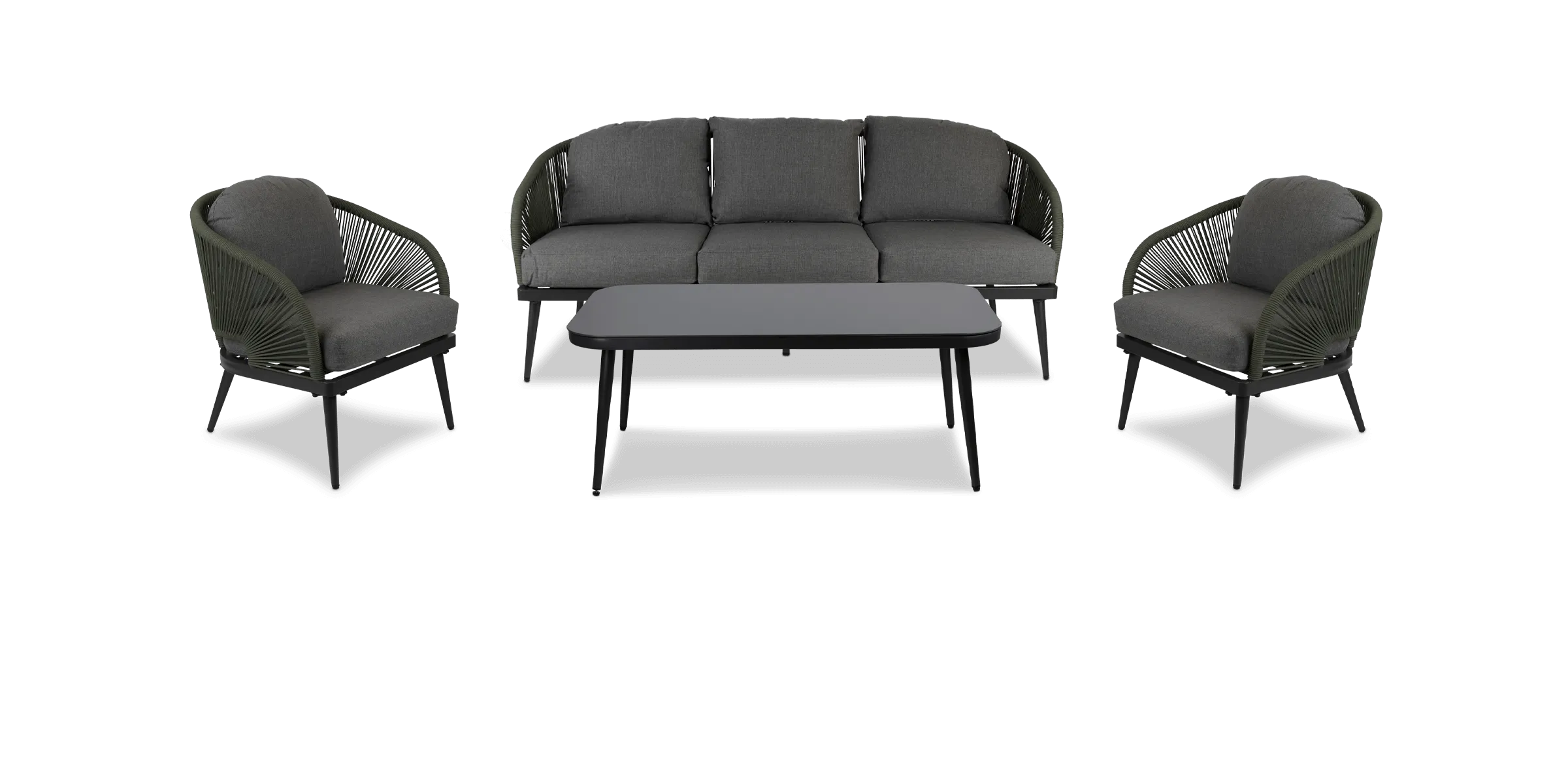 Santa Monica 3 Seater, 2 x Armchair and Coffee Table with Soft Ash Olefin Cushions, Bonsai Olefin Rope and Gunmetal Aluminium Frame