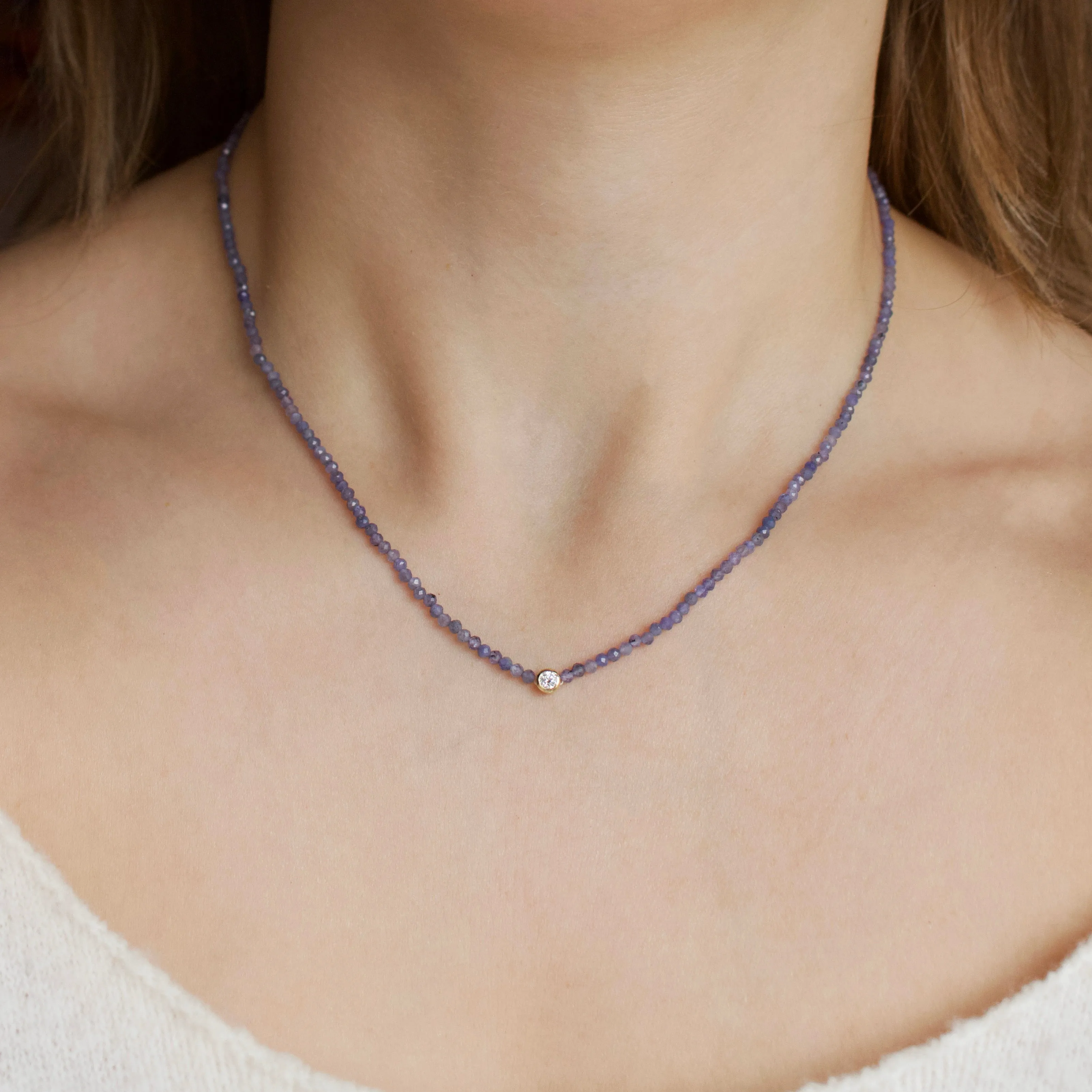 Solitaire Diamond Tanzanite Beaded Necklace