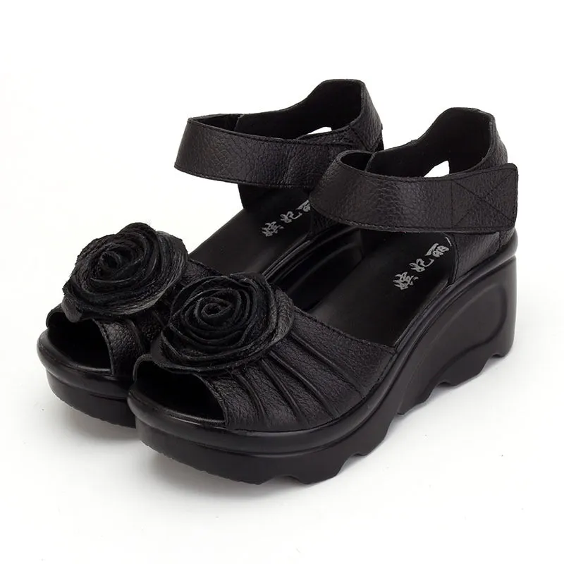 Women Summer Retro Leather Wedge Sandals